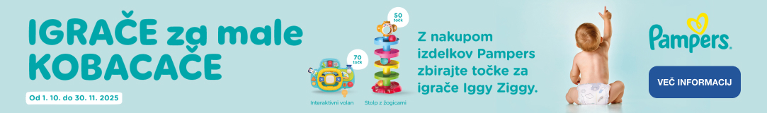 Svetlomodro ozadje z napisom »Igrače za male kobacače«. Na levi so igrače z označenimi točkami: interaktivni volan (70 točk), stolp z žogicami (50 točk), Roly Poly (50 točk), interaktivna hojica (110 točk) in hojica z mizico 2v1 (150 točk). Besedilo: »Z nakupom izdelkov Pampers zbirajte točke za igrače Iggy Ziggy. Od 1. 10. do 30. 11. 2025.« Na desni sedi dojenček v plenici, gleda proti logotipu Pampers in gumbu »Več informacij«.