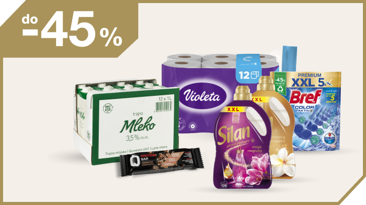 Izdelki na svetlem ozadju:: Trajno mleko Berglandmilch 3,5 % 1 L, 12 kos, Q protein bar Crunchy Chocolate, 2 Mehčalca Silan (Magnolia in Frangipani), WC obešanka Bref CA Eucalyptus 5x50 g in Toaletni papir Violeta, Strong & soft, bombaž, 3-slojni, 12 rol. V levem zgornjem kotu poudarjen popust do -61%.