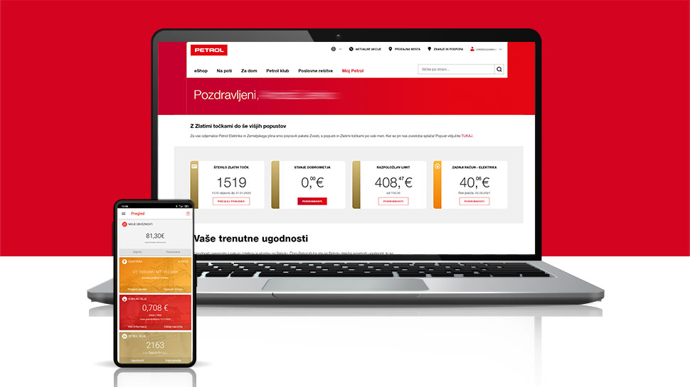 Prikaz uporabniškega portala Moj Petrol na zaslonu prenosnika in mobilne aplikacije na telefonu na rdečem ozadju.