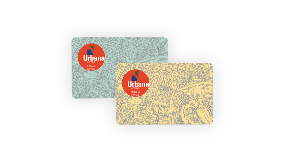 Dve mestni kartici Urbana, ena v zeleni in druga v rumeni barvi, z natisnjenim zemljevidom mesta v ozadju in rdečim logotipom Urbana.