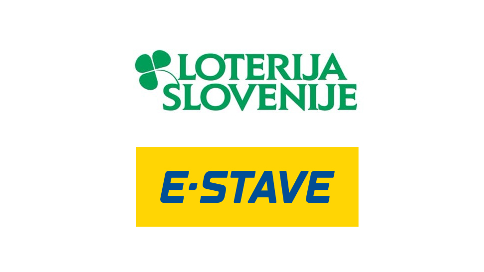 Logotip Loterije Slovenije v zeleni barvi in e-stave logotip z modro pisavo na rumeni barvi