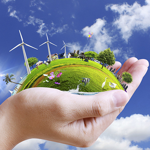 slika prikazuje dlan : dlan, ki drži majhen kos narave s travnikom, drevesi, vetrnicami, živalmi in hišami pod modrim nebom z oblaki, kot simbol trajnostnega razvoja in varovanja okolja.