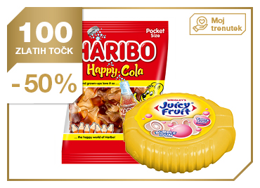 Bonboni Haribo Happy cola, 200 g + žvečilni gumi Juicy fruit, 95 g