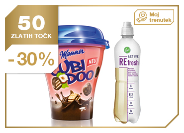 Napitek Refresh bezeg 0,5 l + napolitanke Manner Cubidoo, mini, 140 g