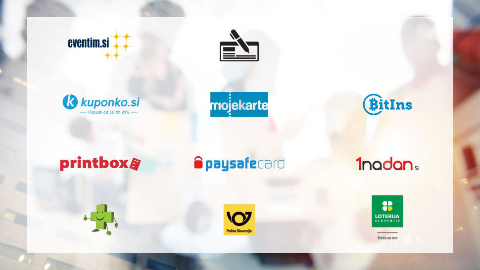 Grafični prikaz logotipov dodatnih storitev na Petrolu, kot so Eventim, Mojekarte, Kuponko, Printbox, Loterija Slovenije, Pošta Slovenije, BitIns, 1nadan in paysafecard.