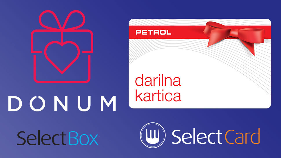 Na sliki temno modre barve so prikazani ponudniki: Petrolova darilna kartica z rdečo pentljo in napisom "darilna kartica", Donum z ikono darilne škatle in srčkom, logo od SelectBox ter SelectCard.