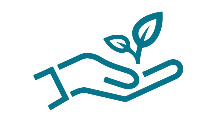 Na sliki je grafični simbol, roke, ki v dlani drži majhno rastlino z dvema listoma.