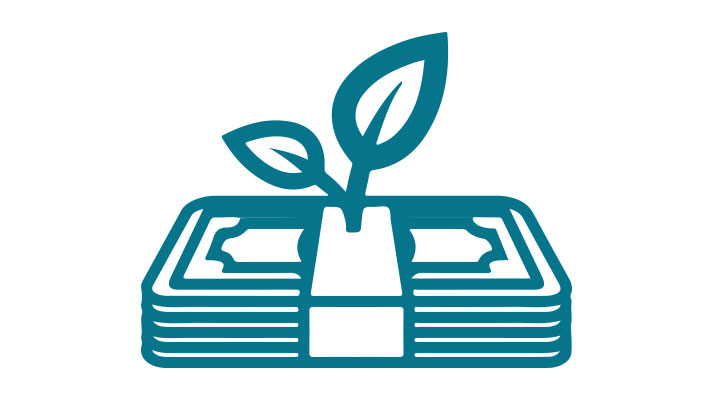 Na sliki je grafični simbol skladovnice bankovcev, iz katerih raste rastlina z dvema listoma.