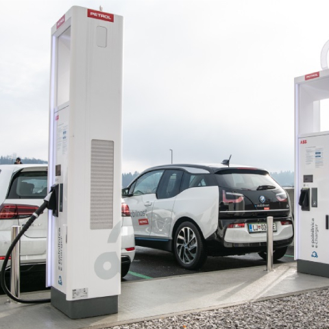 Na sliki sta dve električni vozili, parkirani ob Petrolovih javnih polnilnicah. Vozili sta priključeni na bele polnilne postaje z logotipi Petrol in e-mobilnost. V ozadju se vidi naravno okolje z meglenim nebom in gozdno pokrajino.