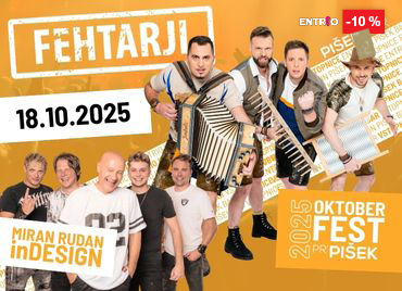 Promocijska ponudba za Oktoberfest 2025 v Píšek baru Celje, ki bo 18. oktobra. V osrednjem delu slike je glasbena skupina Fehtarji ter Miran Rudan in Design. Ozadje je oranžno, v zgornjem desnem kotu pa je oznaka za 10-odstotni popust prek Entrio.