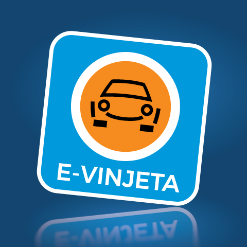 Modra ikona z oranžnim simbolom avtomobila in napisom 'E-VINJETA' za elektronsko vinjeto.