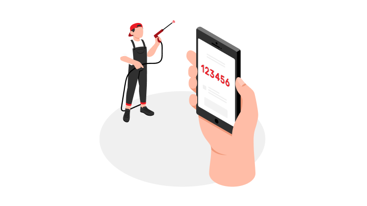 Ilustracija, na kateri se nahaja roka osebe, ki drži pametni telefon z zapisano številko 123456 na ekranu. V ozadju stoji delavec z visokotlačnim čistilcem za pranje avtomobilov, oblečen v delovno obleko in kapo.