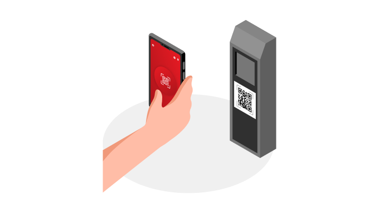 Roka s telefonom in Petrol aplikacijo z QR kodo skenira terminal z QR kodo.