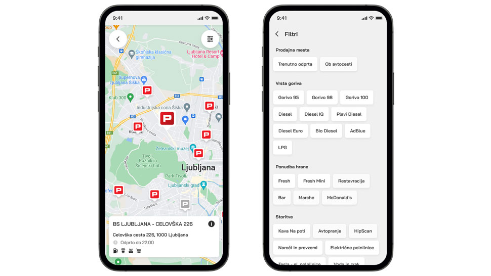 Prikaz mobilne aplikacije Petrol: na levi strani zemljevid z označenimi lokacijami Petrolovih bencinskih servisov v okolici Ljubljane, na desni strani filter za iskanje po gorivih, ponudbi hrane in dodatnih storitvah.