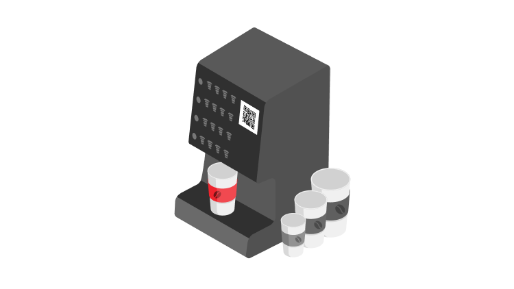 Ilustracija kavomata s skodelico pod dozirnikom in prikazanim QR kodo na aparatu.