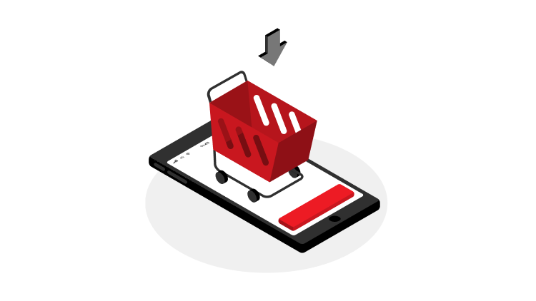 Na ilustraciji je rdeča nakupovalna košarica, ki stoji na zaslonu pametnega telefona. Nad košarico je prikazana puščica, ki ponazarja spletni nakup ali dodajanje izdelkov v mobilno nakupovalno aplikacijo.