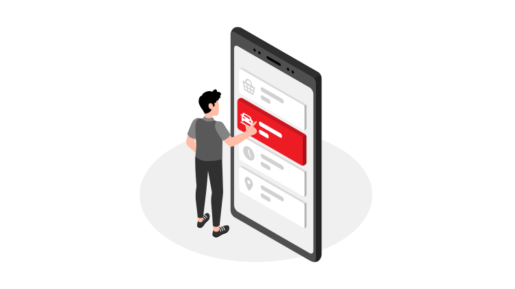 Ilustracija zaslona pametnega telefona, kjer je prikazano izbiranje plačilnega sredstva za storitev.