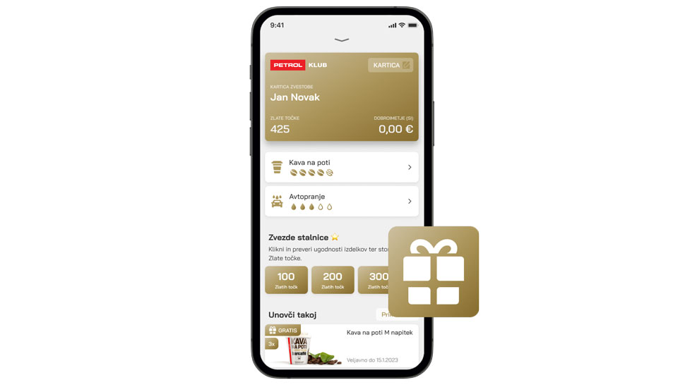 Zaslon Petrol aplikacije z delom Petrol kluba in ikona zalte barve z darilom