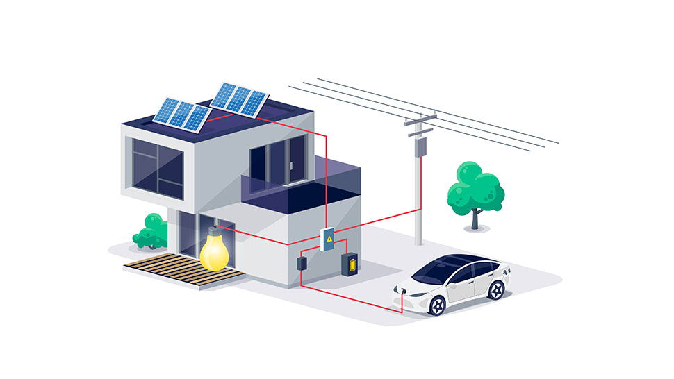 Na ilustraciji je sodobna hiša s sončnimi paneli na strehi. Energija se preko napeljave uporablja za napajanje hiše (žarnica), shranjuje v baterijo in polni električni avtomobil, hkrati pa je povezana tudi z električnim omrežjem.