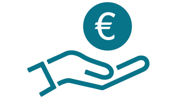 Na sliki je grafični simbol odprte roke, nad katero lebdi krog z znakom za evro.