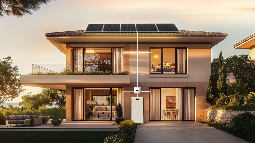 Na sliki je moderna dvonadstropna hiša ob sončnem zahodu, z veliko steklenih površin in urejeno okolico. Na strehi so nameščeni sončni paneli, ki so s svetlobnimi linijami povezani z baterijskim hranilnikom energije ob hiši. V notranjosti hiše so vidni osvetljeni prostori, med drugim dnevna soba in spalnica.