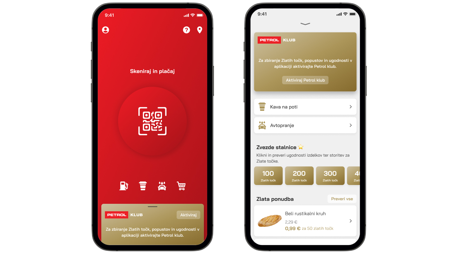 Dve mobilni napravi prikazujeta zaslone aplikacije Petrol GO. Na levi strani je prikazan glavni zaslon z rdečim ozadjem in velikim gumbom za skeniranje QR kode z napisom »Skeniraj in plačaj«. Na dnu so ikone za gorivo, kavo, pranje vozila in nakupovalno košarico ter pasica za aktivacijo Petrol kluba. Na desni strani je prikazan zaslon z vmesnikom Petrol kluba v zlatih in belih tonih, kjer uporabnik lahko aktivira članstvo, preveri ponudbe za kavo, avtopranje, zvezde stalnice in zlato ponudbo belega rustikalnega kruha po znižani ceni.