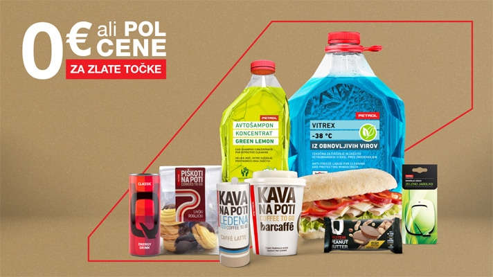Na zlato-rjavem ozadju je prikazan nabor izdelkov, kot so napitki, prigrizki, sendvič, kavni lončki ter čistili za vetrobransko steklo, ob katerih je izpostavljeno besedilo »0 € ali pol cene za zlate točke«.