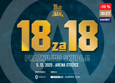 Na sliki je prikazano oglasno vabilo za Aktualov koncert . V ospredju je naslov koncerta z zlatimi črkami 18 za 18 in napis " Praznujmo skupaj". Kreativa je predstavljena na modro-sivem ozadju. V zgornjem delu na sredini je napis »18. Aktualov rojstni dan. Pod naslovom dogodka je datum in kraj dogodka: koncert bo 5. 12. 2025 v Ljubljani, v areni Stožice. V desnem zgornjem kotu je logotip »eventim« z oznako popusta »-10 %« in ceno »30 ZT«. V spodnjem delu kreative pa so logotipi medijskih partnerjev.