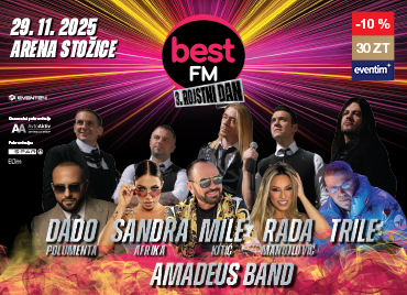 Na sliki je prikazano oglasno vabilo za koncert Best FM. V ospredju so nastopajoči Dado Polumenta, Sandra Afrika, Mile Kitić, Rada Manojlović, Trile in Amadeus band. Vsi nastopajoči so predstavljeni na črnem ozadju z dodatki roza in rumenih afektov. V zgornjem delu na sredini je napis »Best FM 3. rojstni dan«. Pod napisom so prikazani nastopajoči. V levem zgornjem kotu je datum in kraj dogodka: koncert bo 29. 11. 2025 v Ljubljani, v areni Stožice. V desnem zgornjem kotu je logotip »eventim« z oznako popusta »-10 %« in ceno »30 ZT«. V levem delu kreative pa so logotipi medijskih partnerjev.