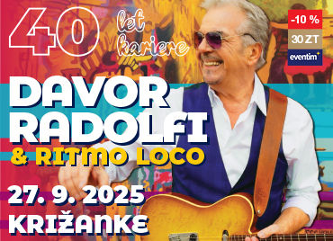 Promocijska ponudba za koncert Davorja Radolfija & Ritmo Loco ob 40-letnici kariere, ki bo 27. septembra 2025 v Križankah. V osrednjem delu je ilustracija pevca z električno kitaro pred barvitim ozadjem, v zgornjem desnem kotu pa je oznaka za 10-odstotni popust pri 30 zlatih točkah na Eventim.