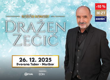 Na sliki je prikazano oglasno vabilo za koncert Dražena Zečića. V ospredju je prikazan nastopajoči Dražan Zečić oblečen v črna telirana oblačila. Prikazan je na  svetlo modrem ozadju z dodatki belih snežink. Na levem delu kreative pa je z izrazitimi črkami prikazan napis in naslov koncerta: Božični koncert Dražen Zečić. Pod naslovom je naveden datum in kraj dogodka: koncert bo 26. 12. 2025 v Mariboru, v dvorani Tabor. V desnem zgornjem kotu je logotip »eventim« z oznako popusta »-10 %« in ceno »30 ZT«. V spodnjem delu kreative pa so logotipi medijskih partnerjev.