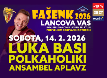 Promocijski plakat za dogodek ‘Fašenk 2026’ v Lancovi vasi. Na desni strani je vijolično ozadje z besedilom o dogodku, datumu 14. 2. 2026 in izvajalcih: Luka Basi, Polkoholiki in Ansambel Aplavz. Levo je fotografija nasmejanega Luka Basija v rdeči jakni ter ilustracija pustne maske. V levem delu kreative je logotip »eventim« z oznako popusta »-10 %« in ceno »30 ZT«.