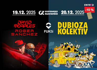 Na sliki sta prikazana 2 različna dogodka, ki se odvijata na Gospodarskem razstavišču. Na levi strani je prikazan dogodek na temni podlagi David morales in Roger sanchez, na sredini je napis Fuksi. Na desni strani pa je prikazan dogodek Dubioza kolektiv. Na kreativi sta tudi datuma dogodkov 19.12 in 20.12. V desnem zgornjem kotu je logotip »entrio« z oznako popusta »-10 %« in zlata petrol klub kartica.