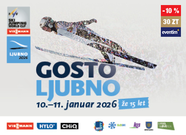 Promocijski plakat za tekmo svetovnega pokala v smučarskih skokih v Ljubnem, ki bo 10.–11. januarja 2026. Na sredini je fotografija smučarski skakalec v letu. Levo zgoraj sta logotipa FIS Ski Jumping World Cup in Ljubno 2026. Spodaj je velik napis ‘Gosto Ljubno’ ter datum dogodka, pod njim pa logotipi pokroviteljev.” V desnem kotu kreative je logotip »eventim« z oznako popusta »-10 %« in ceno »30 ZT«.