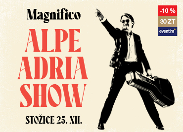 Promocijska ponudba za koncert Magnifico – Alpe Adria Show, ki bo potekal 25. decembra v Stožicah. Osrednji motiv predstavlja črno-bela ilustracija glasbenika Magnifica z odprtim kovčkom, v zgornjem desnem kotu pa je prikazana oznaka za 10-odstotni popust pri nakupu z 30 Zlatimi točkami prek Eventim.