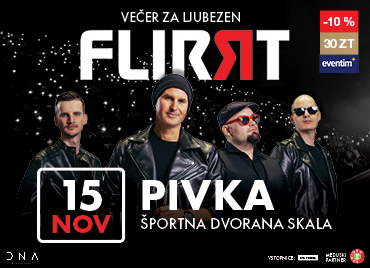 Promocijska ponudba za koncert skupine Flirt z naslovom 'Večer za ljubezen', ki bo 15. novembra v športni dvorani Skala v Pivki. Na sliki so so člani skupine v usnjenih jaknah, v zgornjem desnem kotu pa je oznaka za 10-odstotni popust pri 30 Zlatih točkah na Eventim.