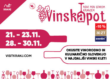 Promocijska ponudba za dogodek Vinska pot v rovih pod starim Kranjem, ki bo potekal 21.–23. novembra in 28.–30. novembra. Osrednji motiv je ilustracija vinskih kozarcev in steklenic. V desnem zgornjem kotu se nahaja oznaka popusta –10 % pri 30 ZT na Eventim.