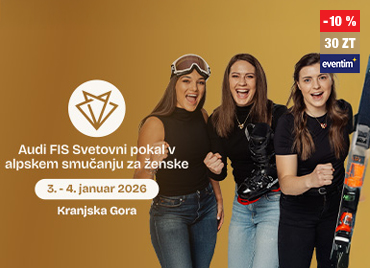 Promocijska podoba za Audi FIS Svetovni pokal v alpskem smučanju za ženske, ki bo 3.–4. januarja 2026 v Kranjski Gori. Na desni strani stojijo tri nasmejane ženske – ena v smučarski čeladi, druga drži smučarski čevelj, tretja pa smuči. Ozadje je toplo zlatorjavo, levo pa je logotip dogodka in podatki o datumu ter lokaciji.” V levem kotu kreative je logotip »eventim« z oznako popusta »-10 %« in ceno »30 ZT«.