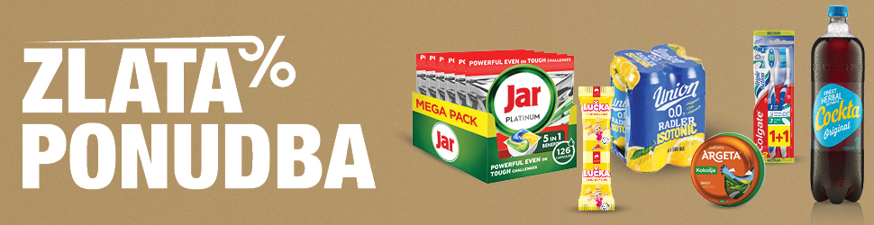 Akcija Zlate ponudbe z izdelki Jar Platinum tablete za pomivalni stroj, Colgate zobna pasta, Argeta pašteta, Cockta pijača, sladoled Lučka in pijača Radler Isotonic. Na zlatem ozadju z velikim belim napisom "ZLATA PONUDBA".