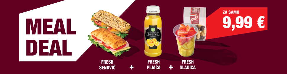Meal Deal ponudba: fresh sendvič, fresh pijača in fresh sladica za samo 9,99 €. Na temno rdečem ozadju so prikazani dva sendviča, plastenka soka ter Fresh sladica z jagodami in ananasom ter piškoti Na poti.