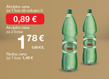 Mineralna voda Radenska Retro, 1,5 litra, na svetlo rjavo-zlatem ozadju. Akcijska cena za 1 kos ob nakupu 2 je 0,89 €, skupna cena za 2 kosa 1,78 €. Redna cena za 1 kos: 1,49 €.