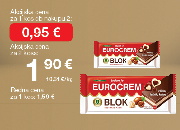 Čokolada Eurocrem Blok, 90 g, na svetlo rjavo-zlatem ozadju. Akcijska cena za 1 kos ob nakupu 2 je 0,95 €, skupna cena za 2 kosa 1,90 €. Redna cena za 1 kos: 1,59 €.