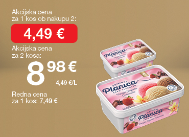 Družinski sladoled Planica, 1 liter, na svetlo rjavo-zlatem ozadju. Akcijska cena za 1 kos ob nakupu 2 je 4,49 €, skupna cena za 2 kosa je 8,98 €. Redna cena za 1 kos: 7,49 €.