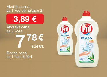 Detergent za pomivanje posode Pril Balsam Aloe Vera, 1.200 ml, na svetlo rjavo-zlatem ozadju. Akcijska cena za 1 kos ob nakupu 2 je 3,89 €, skupna cena za 2 kosa 7,78 €. Redna cena za 1 kos: 6,49 €.