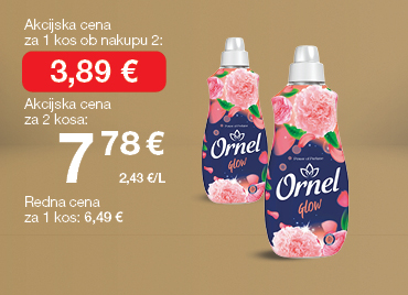 Mehčalec Ornel Glow, 1,6 litra, na svetlo rjavo-zlatem ozadju. Akcijska cena za 1 kos ob nakupu 2 je 3,89 €, skupna cena za 2 kosa 7,78 €. Redna cena za 1 kos: 6,49 €.