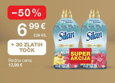 Mehčalec Silan Maldives, 2 x 1,364 litra, na svetlo rjavo-zlatem ozadju. Akcijska cena 6,99 €, znižanje –50 %, redna cena 13,99 €. Ob nakupu prejmete 30 zlatih točk. Oznaka »Super akcija«.