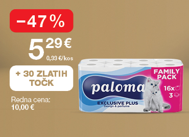 Toaletni papir Paloma Exclusive, Family pack, 3-slojni, 16 rol, na svetlo rjavo-zlatem ozadju. Akcijska cena 5,29 €, znižanje –47 %, redna cena 10,00 €. Ob nakupu prejmete 30 zlatih točk.