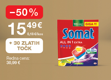 Tablete za pomivalni stroj Somat All in One Extra, Lemon & Lime, 85 pranj, na svetlo rjavo-zlatem ozadju. Akcijska cena 15,49 €, znižanje –50 %, redna cena 30,99 €. Ob nakupu prejmete 30 zlatih točk.