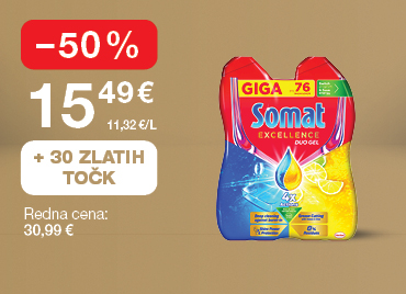 Gel za pomivalni stroj Somat Excellence Duo Gel, 76 pranj, na svetlo rjavo-zlatem ozadju. Akcijska cena 15,49 €, znižanje –50 %, redna cena 30,99 €. Ob nakupu prejmete 30 zlatih točk.