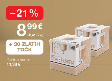 Kapsule za kavo Na poti, kava z mlekom, 2 x 192 g, na svetlo rjavo-zlatem ozadju. Akcijska cena 8,99 €, znižanje –21 %, redna cena 11,38 €. Ob nakupu prejmete 30 zlatih točk.